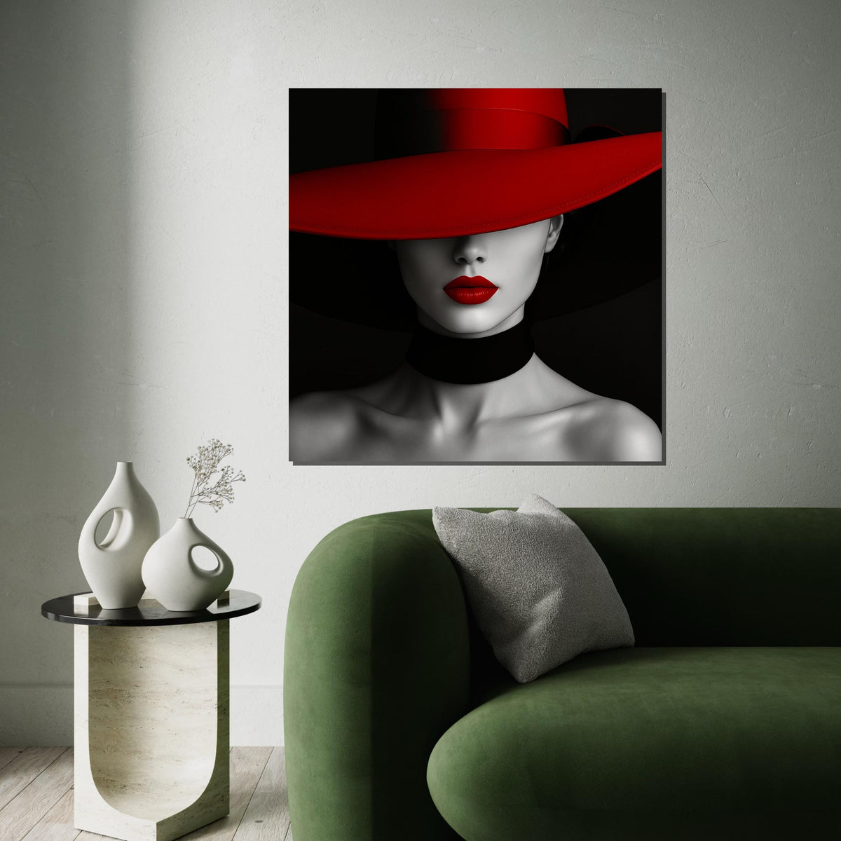 Red Hat Elegance Canvas, Woman in Red Hat Art, Modern Wall Art, Monochrome and Red, Wall Art Canvas Design, Ready to Hang Decoration