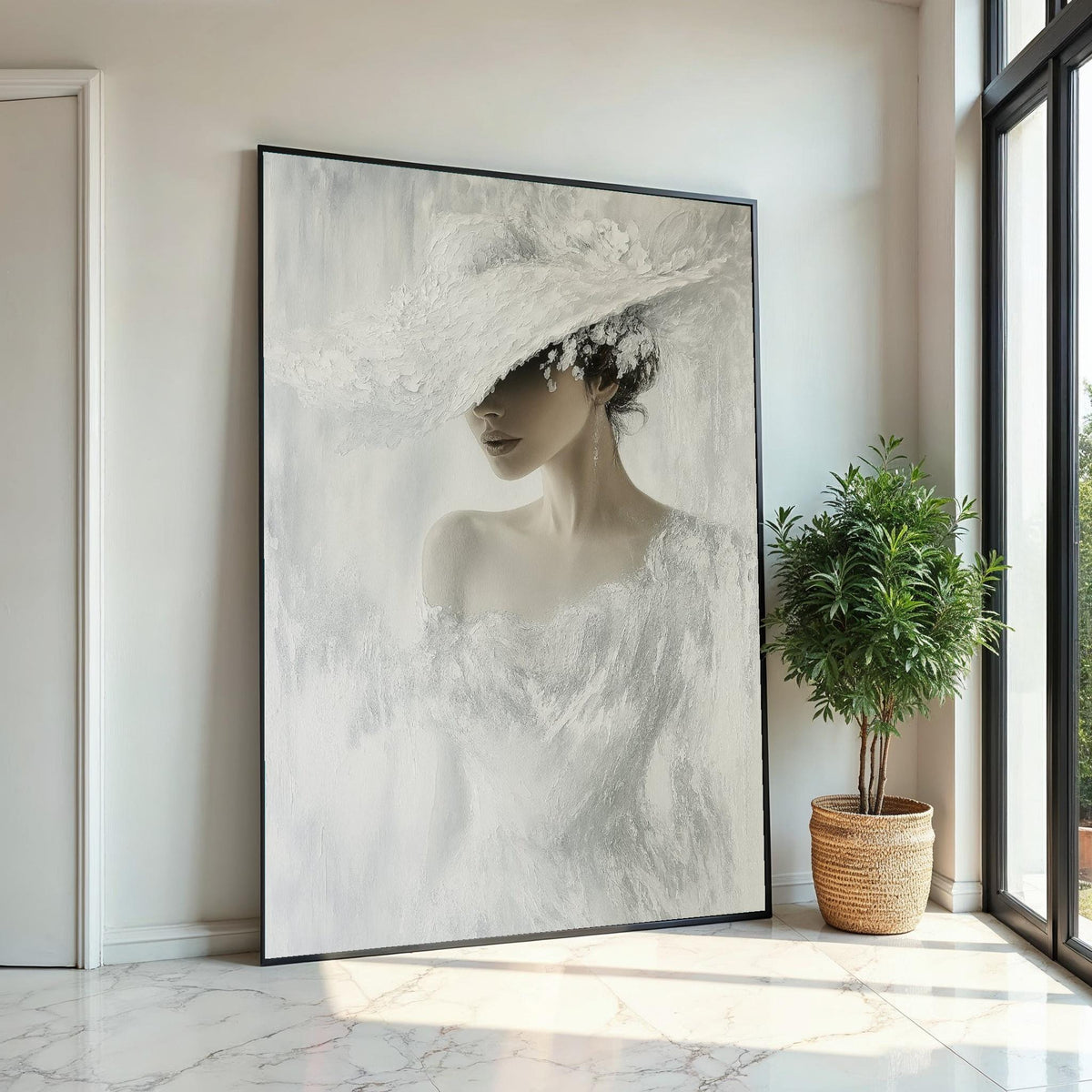 Elegant Woman in White, Fashion Canvas Art, Chic Lady Hat Print, Wall Art Canvas Design, Ready to Hang Decoration, Modern Portrait Canvas
