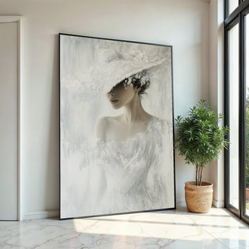 Elegant Woman in White, Fashion Canvas Art, Chic Lady Hat Print, Wall Art Canvas Design, Ready to Hang Decoration, Modern Portrait Canvas