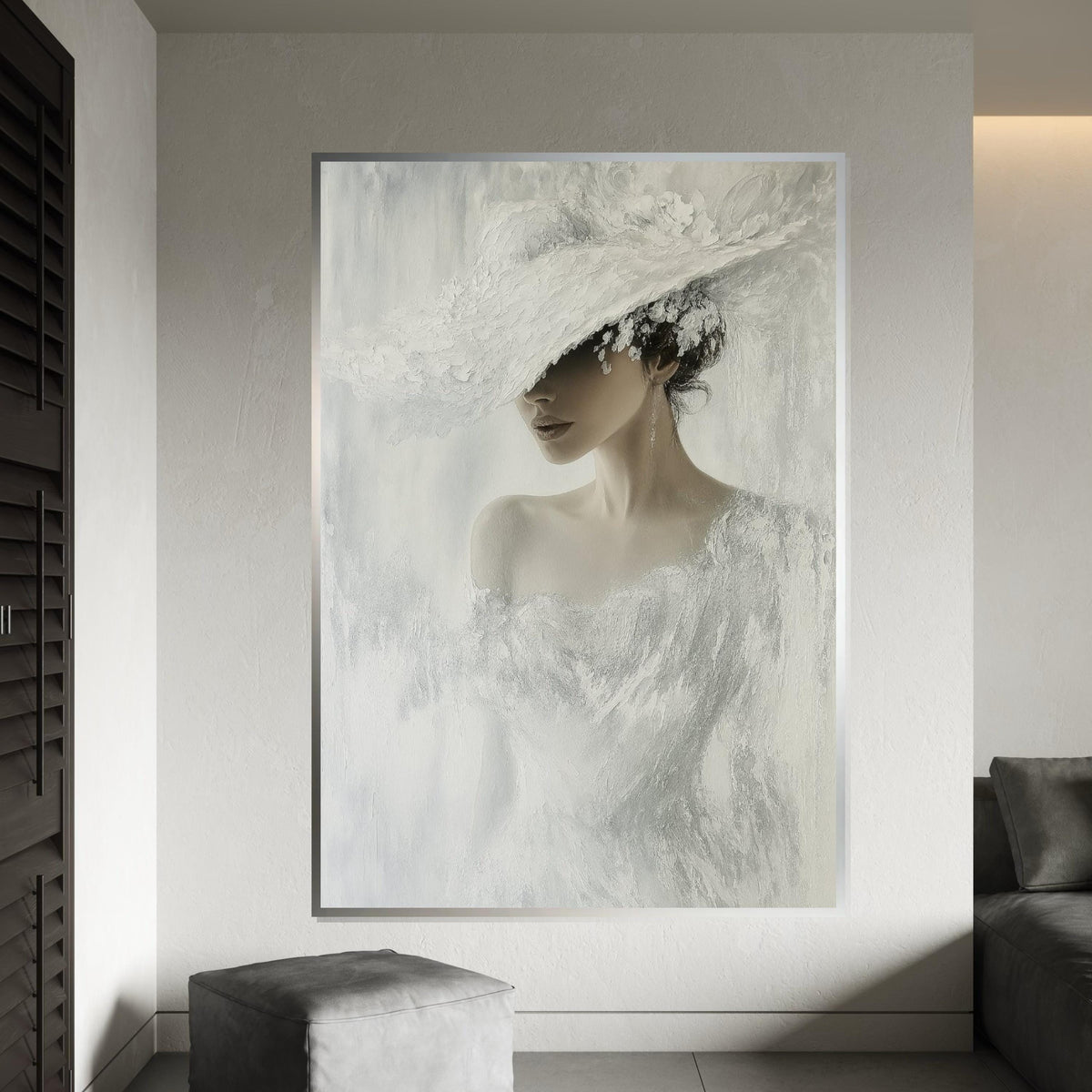 Elegant Woman in White, Fashion Canvas Art, Chic Lady Hat Print, Wall Art Canvas Design, Ready to Hang Decoration, Modern Portrait Canvas