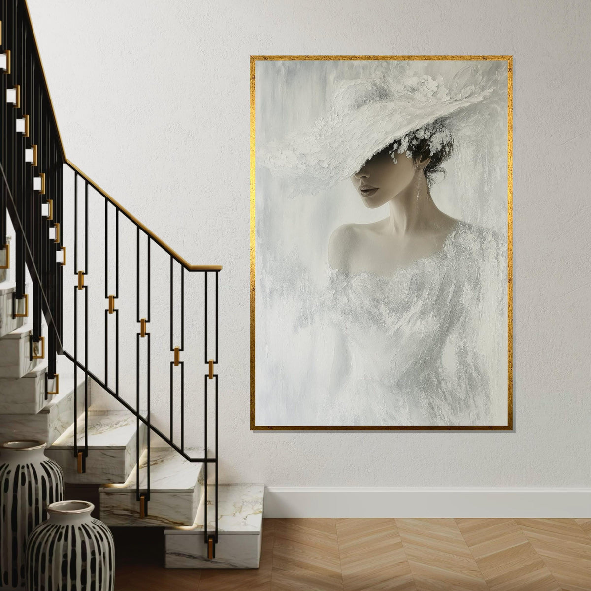 Elegant Woman in White, Fashion Canvas Art, Chic Lady Hat Print, Wall Art Canvas Design, Ready to Hang Decoration, Modern Portrait Canvas