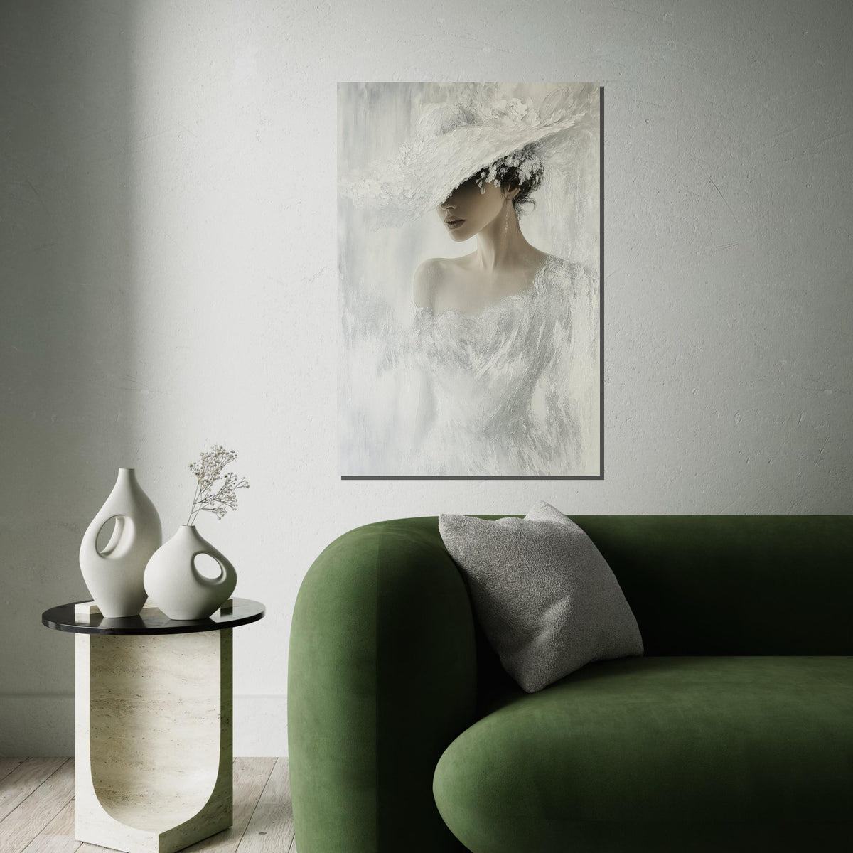 Elegant Woman in White, Fashion Canvas Art, Chic Lady Hat Print, Wall Art Canvas Design, Ready to Hang Decoration, Modern Portrait Canvas