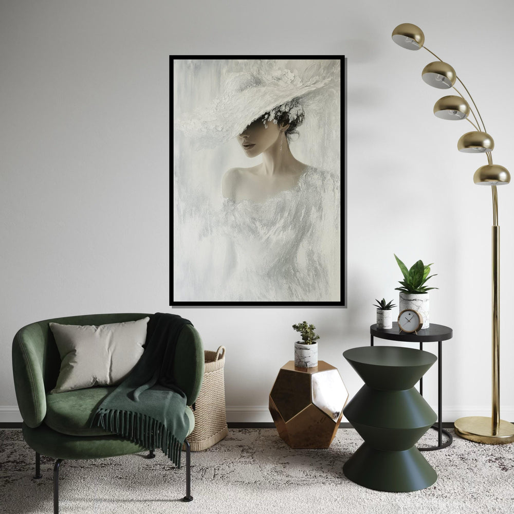 Elegant Woman in White, Fashion Canvas Art, Chic Lady Hat Print, Wall Art Canvas Design, Ready to Hang Decoration, Modern Portrait Canvas