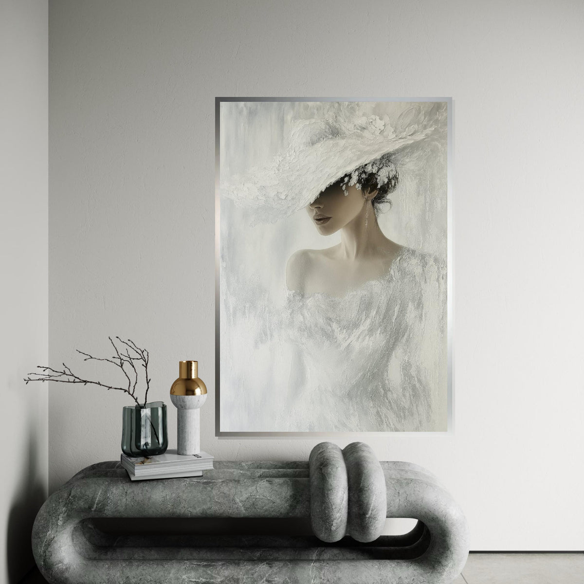Elegant Woman in White, Fashion Canvas Art, Chic Lady Hat Print, Wall Art Canvas Design, Ready to Hang Decoration, Modern Portrait Canvas