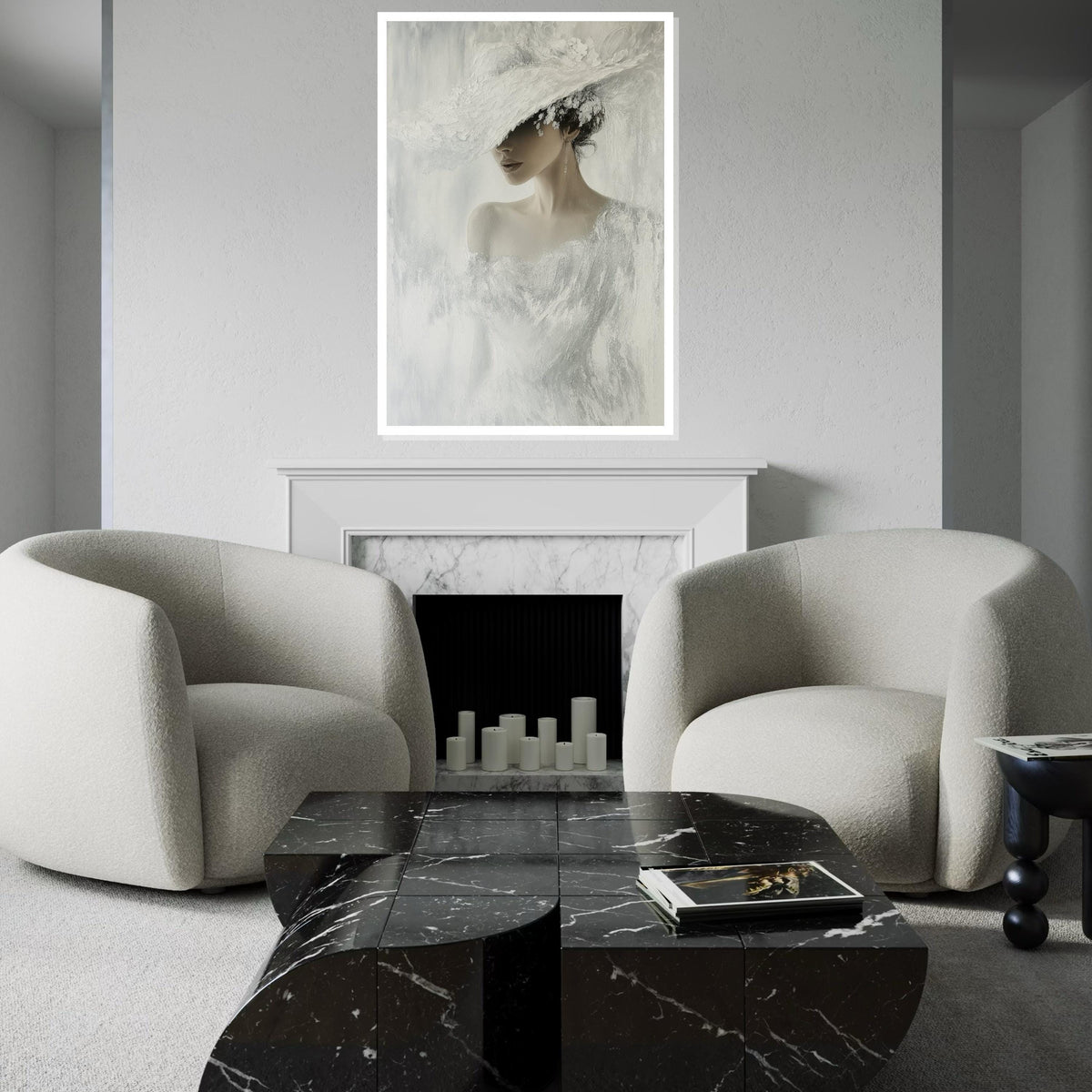 Elegant Woman in White, Fashion Canvas Art, Chic Lady Hat Print, Wall Art Canvas Design, Ready to Hang Decoration, Modern Portrait Canvas