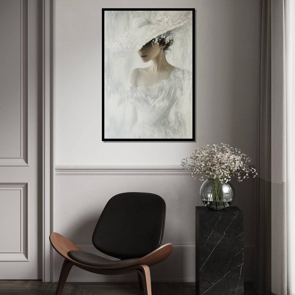 Elegant Woman in White, Fashion Canvas Art, Chic Lady Hat Print, Wall Art Canvas Design, Ready to Hang Decoration, Modern Portrait Canvas