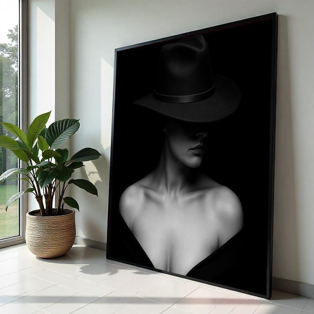 Enigmatic Woman Canvas, Femme Fatale Wall Art, Black and White Hat Art, Wall Art Canvas Design, Ready To Hang Decoration