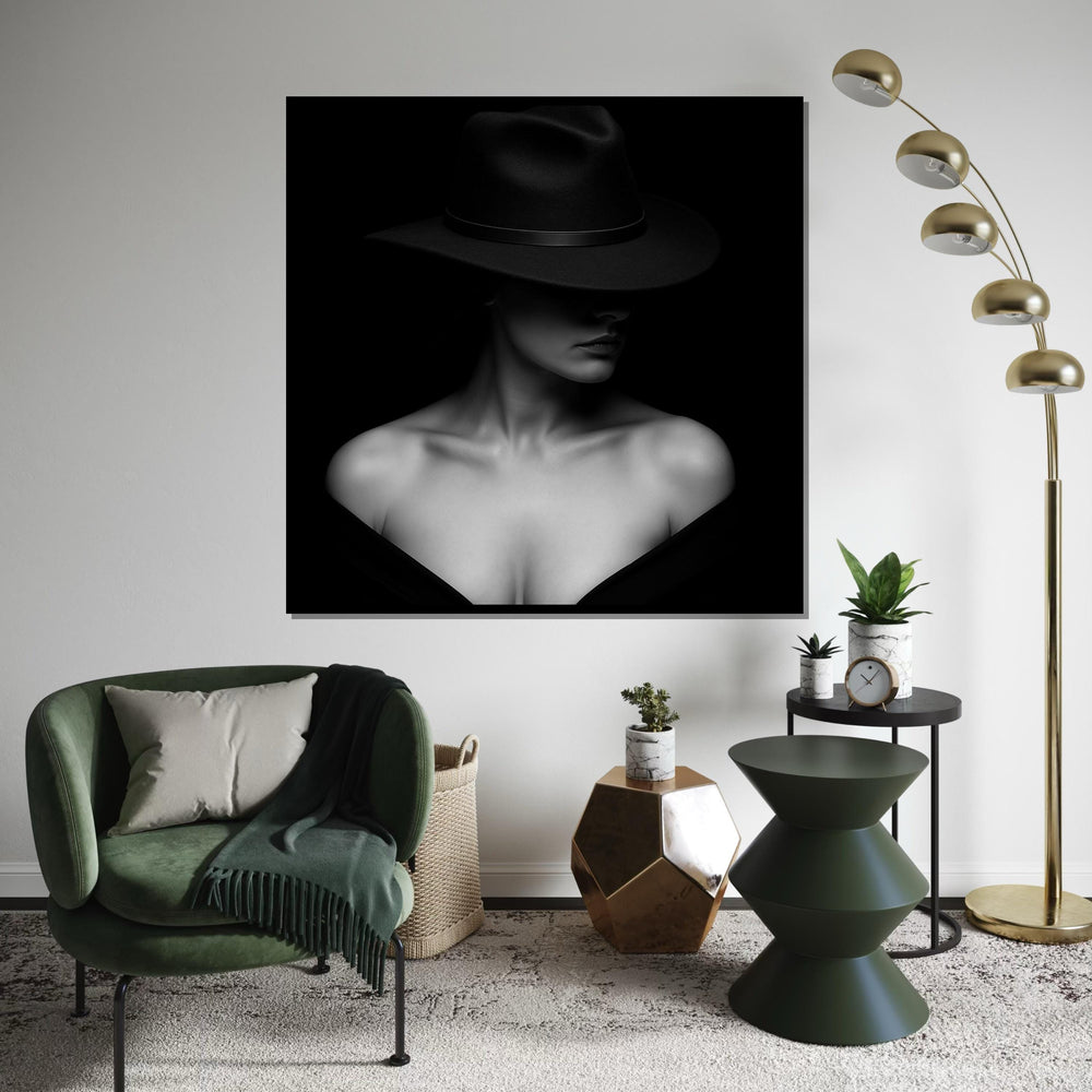 Enigmatic Woman Canvas, Femme Fatale Wall Art, Black and White Hat Art, Wall Art Canvas Design, Ready To Hang Decoration