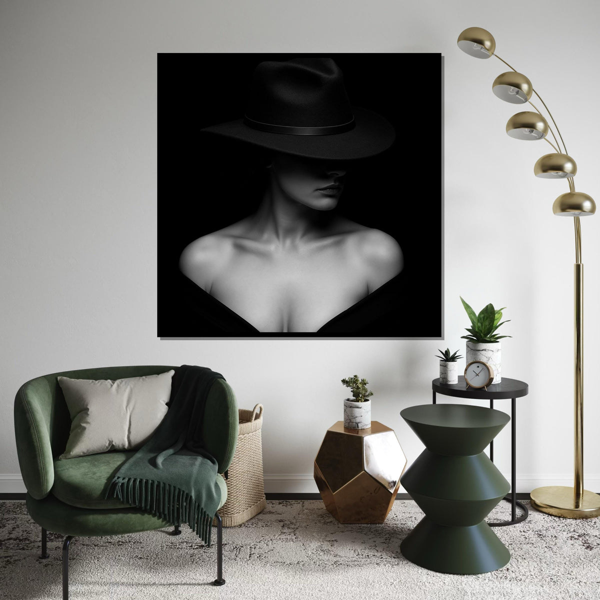 Enigmatic Woman Canvas, Femme Fatale Wall Art, Black and White Hat Art, Wall Art Canvas Design, Ready To Hang Decoration