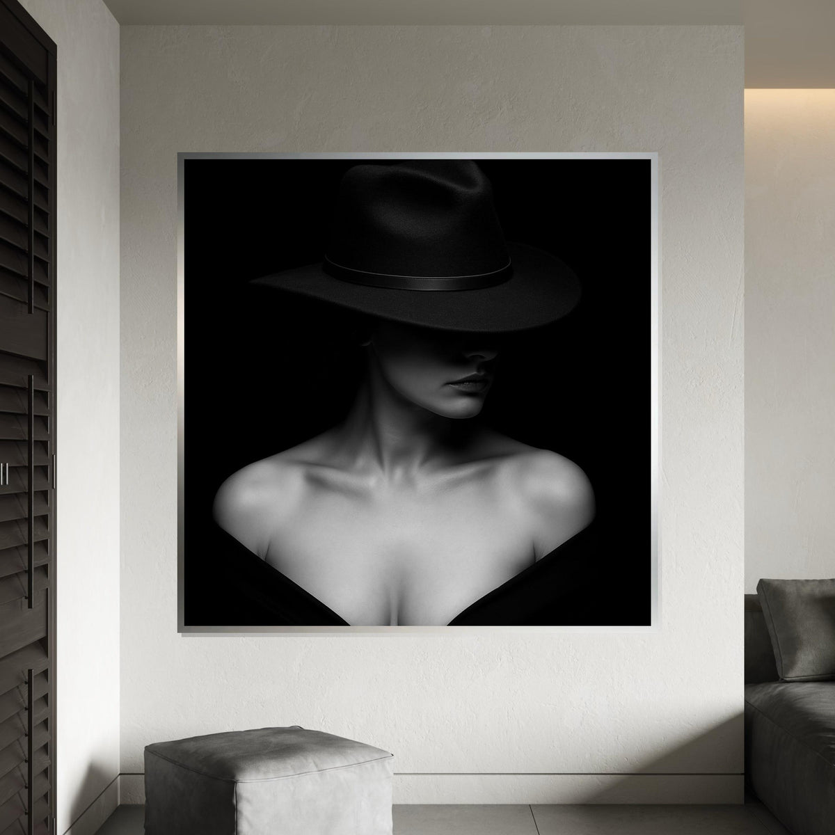 Enigmatic Woman Canvas, Femme Fatale Wall Art, Black and White Hat Art, Wall Art Canvas Design, Ready To Hang Decoration