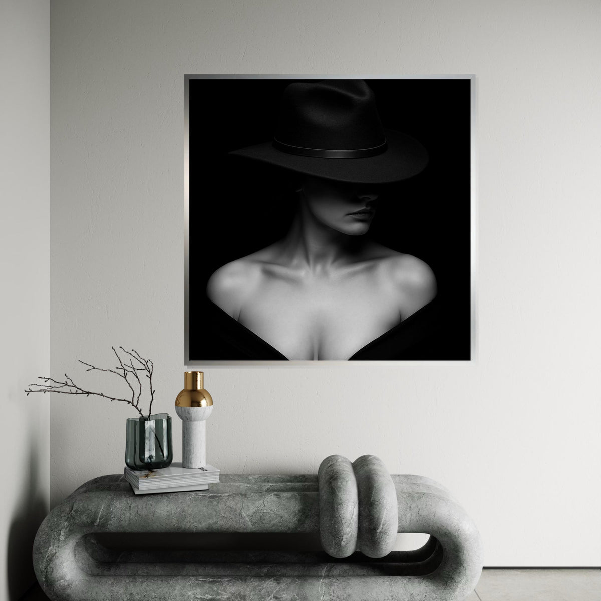 Enigmatic Woman Canvas, Femme Fatale Wall Art, Black and White Hat Art, Wall Art Canvas Design, Ready To Hang Decoration