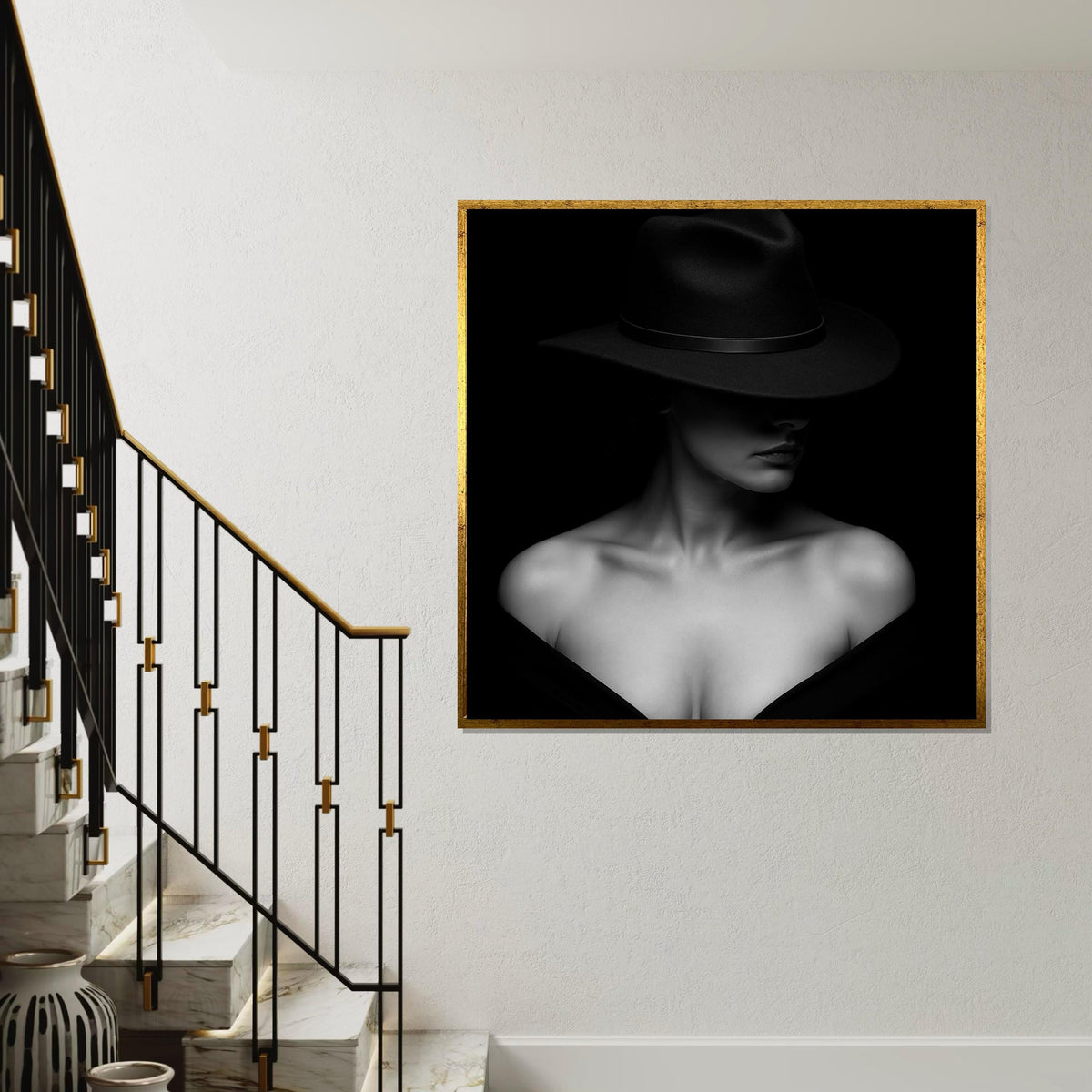 Enigmatic Woman Canvas, Femme Fatale Wall Art, Black and White Hat Art, Wall Art Canvas Design, Ready To Hang Decoration