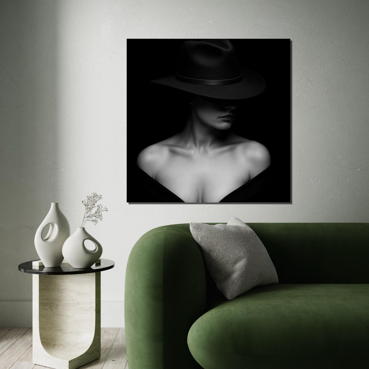 Enigmatic Woman Canvas, Femme Fatale Wall Art, Black and White Hat Art, Wall Art Canvas Design, Ready To Hang Decoration