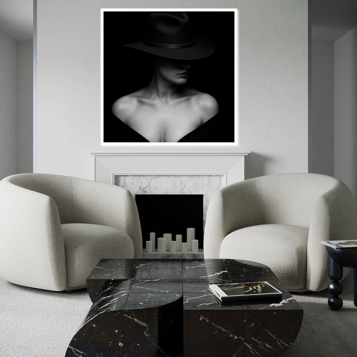 Enigmatic Woman Canvas, Femme Fatale Wall Art, Black and White Hat Art, Wall Art Canvas Design, Ready To Hang Decoration