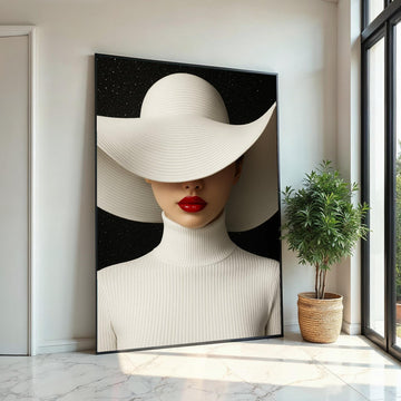 Sleek Elegance Canvas, Woman in White Hat, Red Lips Art, Modern Wall Art Canvas Design, Ready To Hang Home Decoration