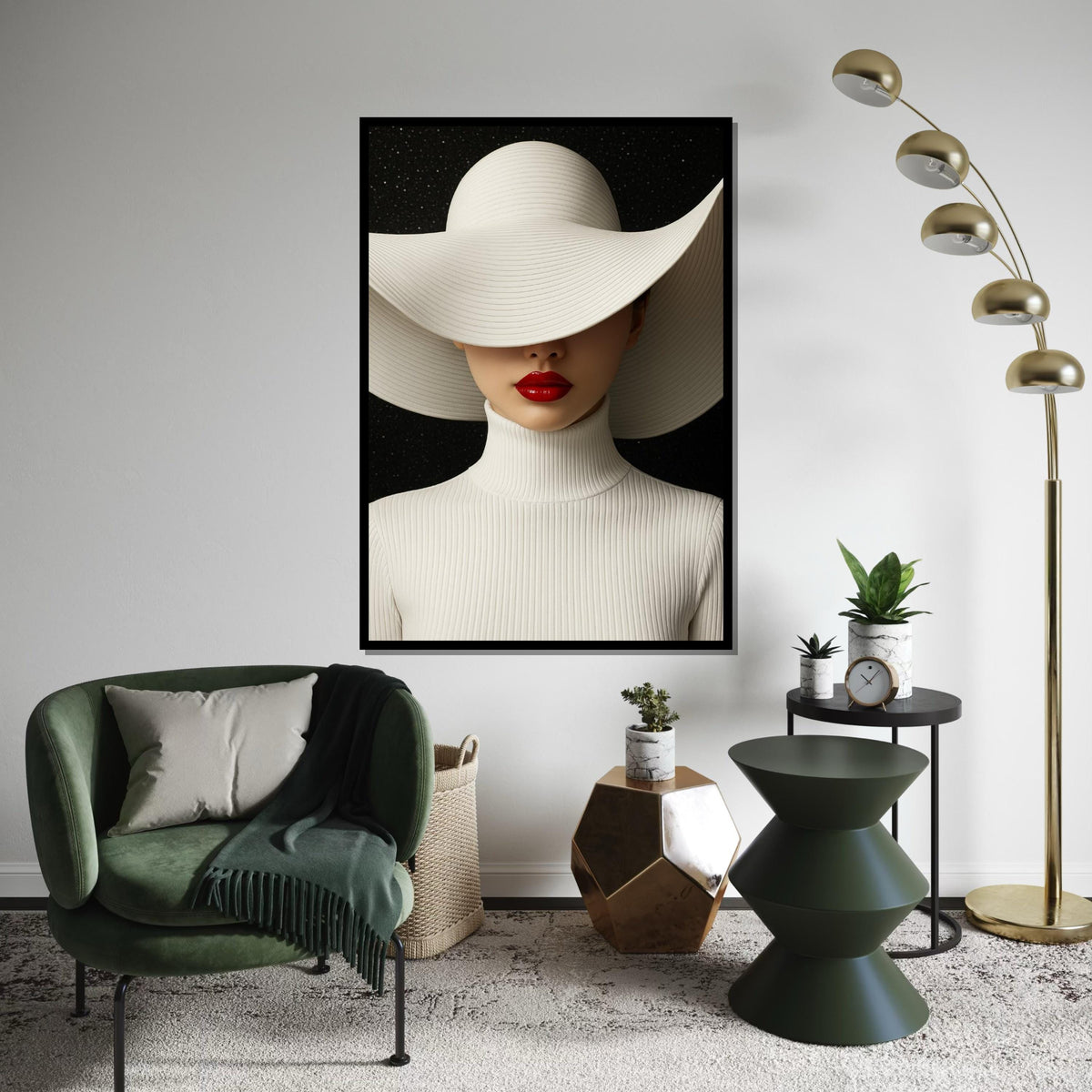 Sleek Elegance Canvas, Woman in White Hat, Red Lips Art, Modern Wall Art Canvas Design, Ready To Hang Home Decoration