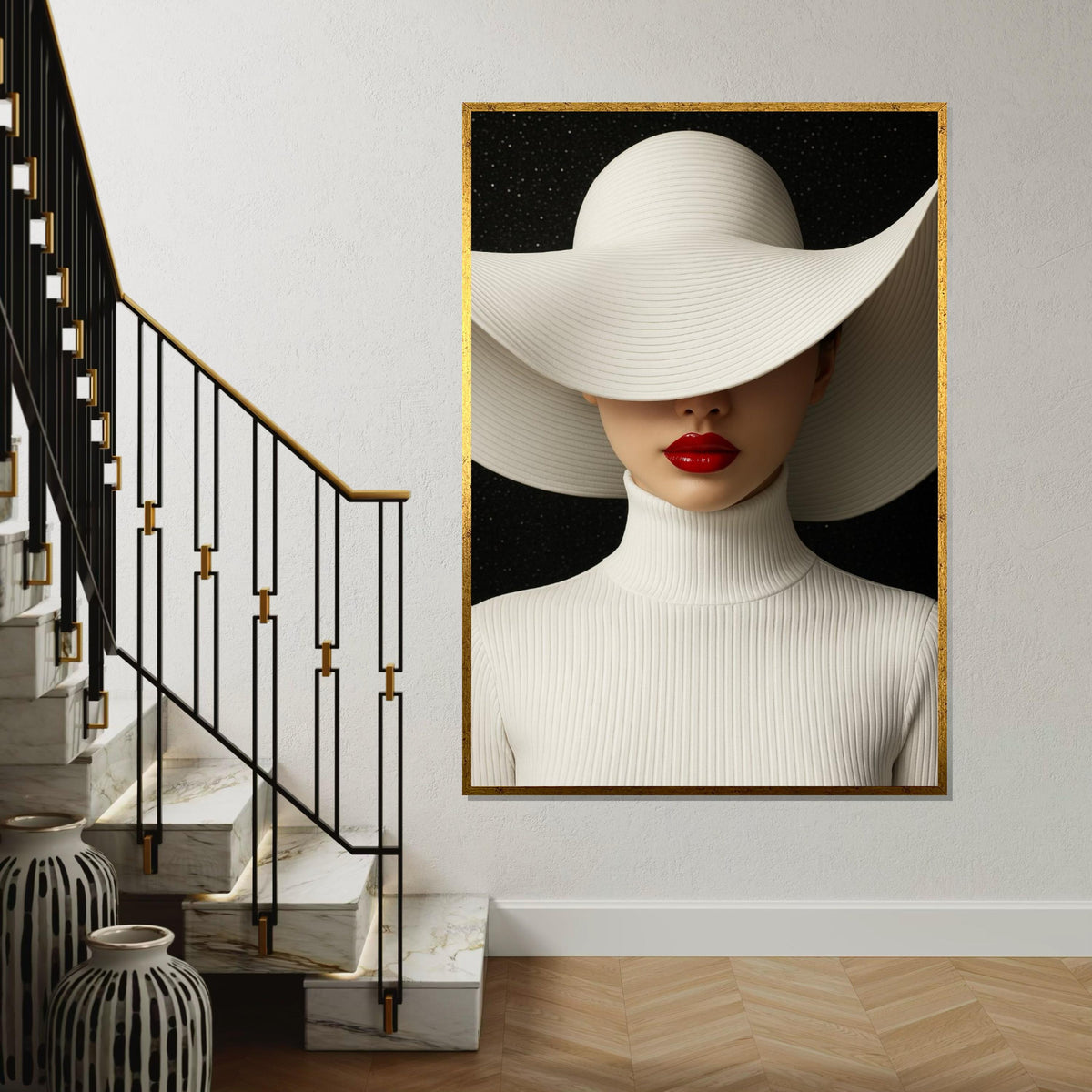 Sleek Elegance Canvas, Woman in White Hat, Red Lips Art, Modern Wall Art Canvas Design, Ready To Hang Home Decoration