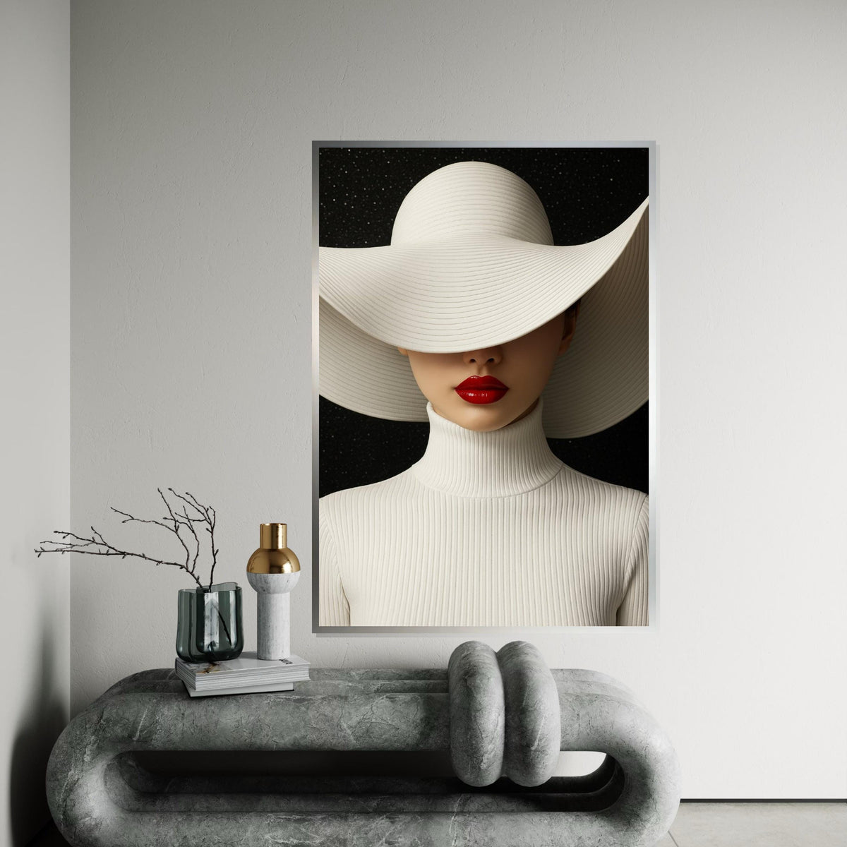 Sleek Elegance Canvas, Woman in White Hat, Red Lips Art, Modern Wall Art Canvas Design, Ready To Hang Home Decoration