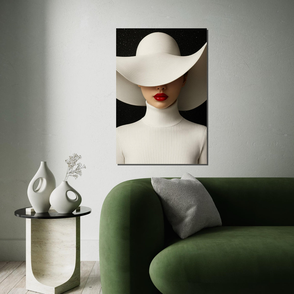 Sleek Elegance Canvas, Woman in White Hat, Red Lips Art, Modern Wall Art Canvas Design, Ready To Hang Home Decoration