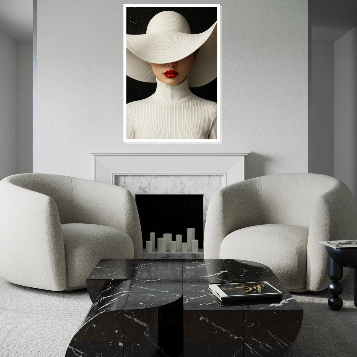 Sleek Elegance Canvas, Woman in White Hat, Red Lips Art, Modern Wall Art Canvas Design, Ready To Hang Home Decoration