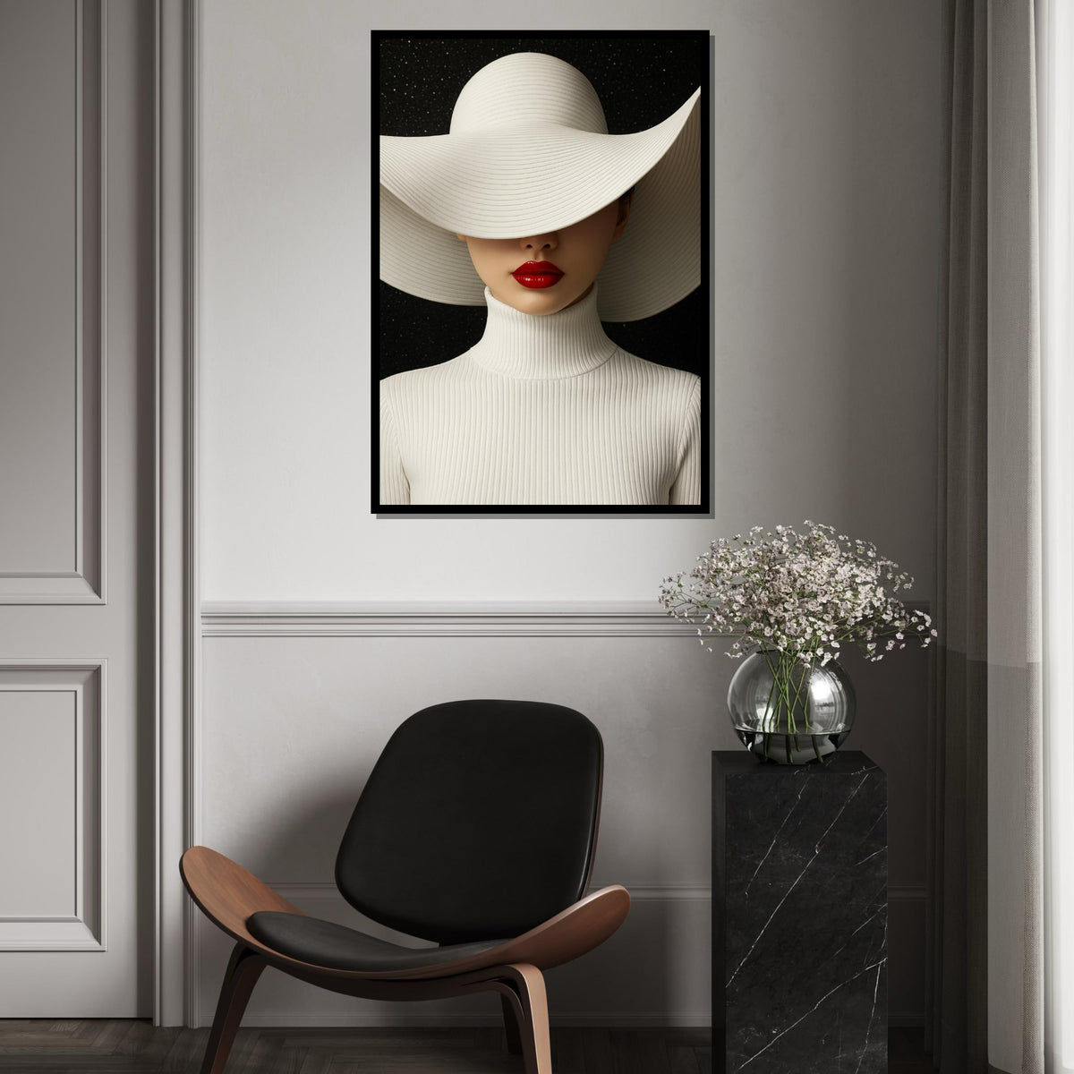 Sleek Elegance Canvas, Woman in White Hat, Red Lips Art, Modern Wall Art Canvas Design, Ready To Hang Home Decoration