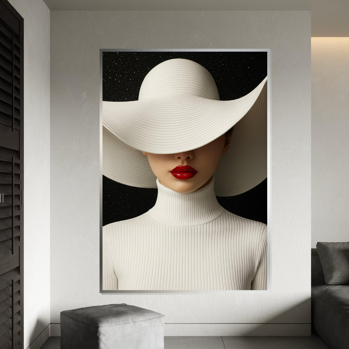 Sleek Elegance Canvas, Woman in White Hat, Red Lips Art, Modern Wall Art Canvas Design, Ready To Hang Home Decoration