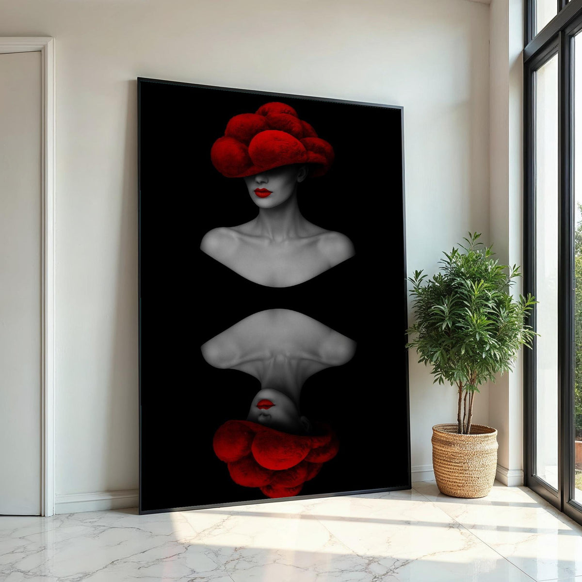 Red Hat Lady Canvas, Abstract Fashion Art, Modern Wall Art, Dual Face Design, Black and Red Canvas, Ready to Hang Home Decor