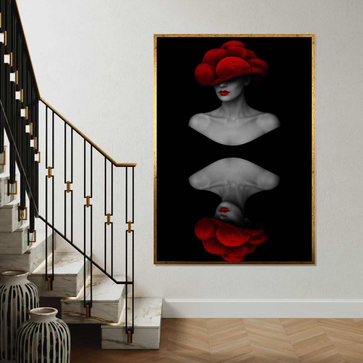 Red Hat Lady Canvas, Abstract Fashion Art, Modern Wall Art, Dual Face Design, Black and Red Canvas, Ready to Hang Home Decor