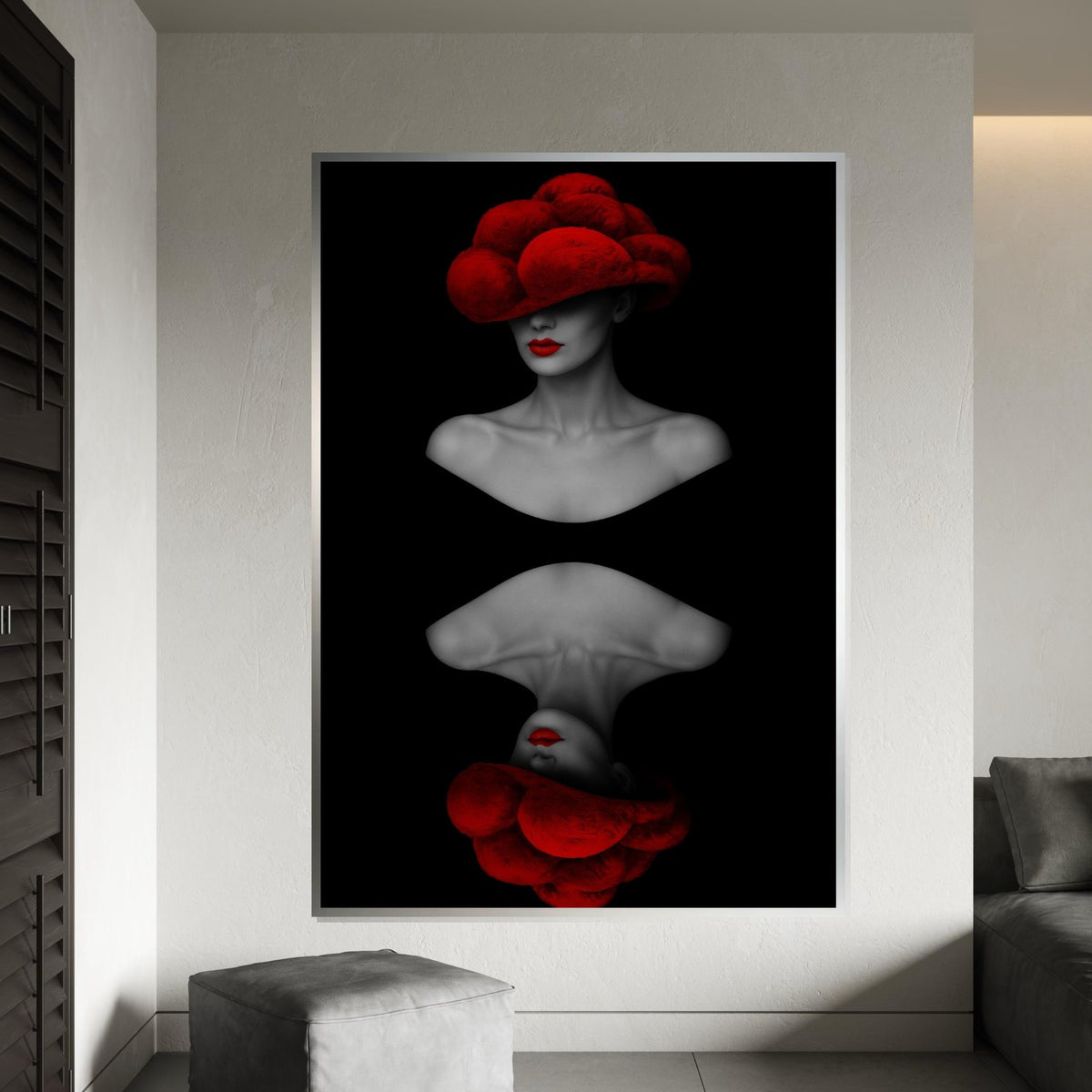 Red Hat Lady Canvas, Abstract Fashion Art, Modern Wall Art, Dual Face Design, Black and Red Canvas, Ready to Hang Home Decor