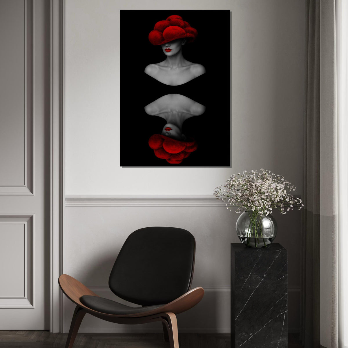 Red Hat Lady Canvas, Abstract Fashion Art, Modern Wall Art, Dual Face Design, Black and Red Canvas, Ready to Hang Home Decor