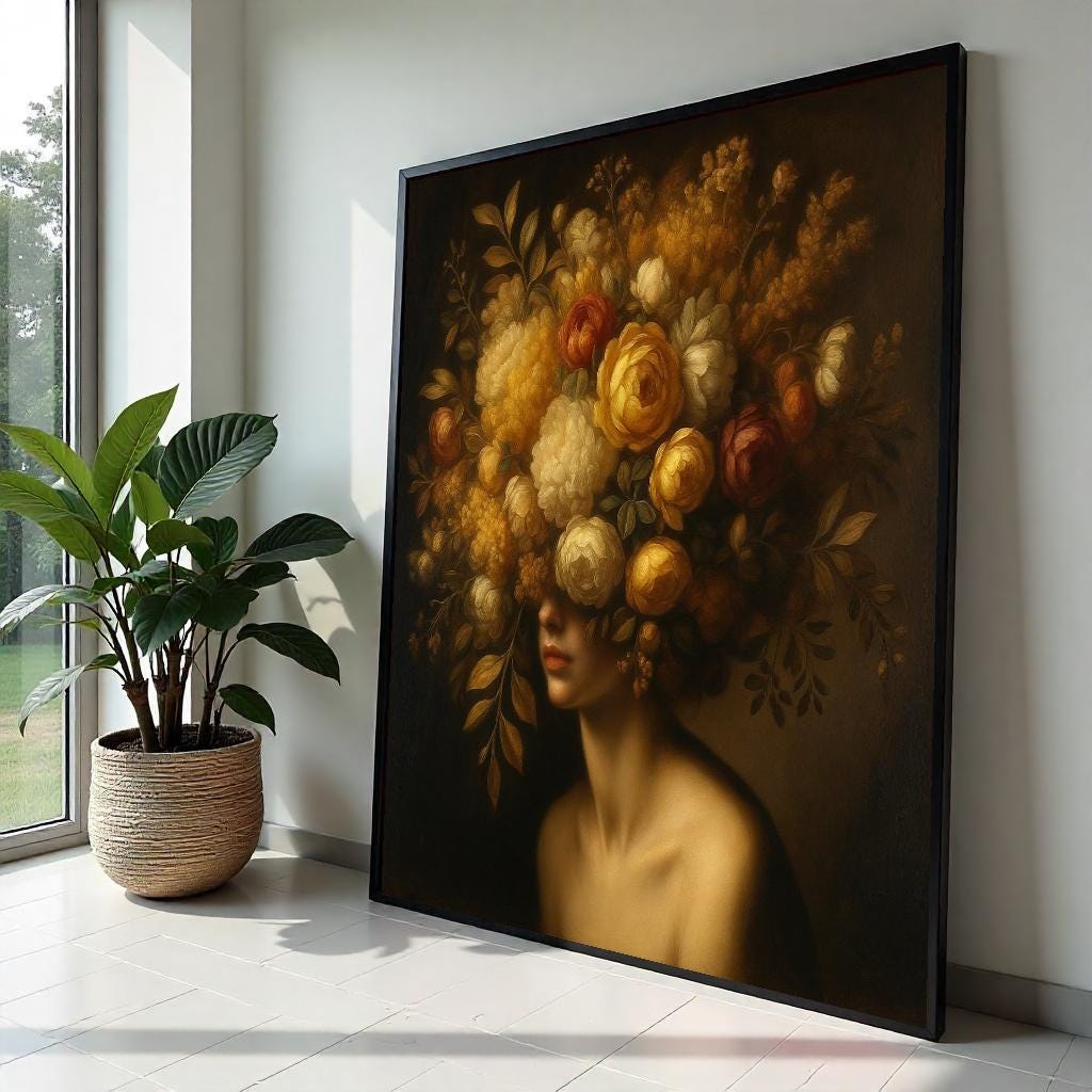 Floral Elegance, Woman with Flower Crown Canvas, Artistic Wall Art, Floral Headdress Print, Wall Art Canvas Design, Ready to Hang Decor