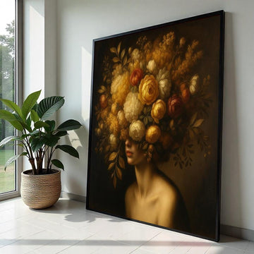 Floral Elegance, Woman with Flower Crown Canvas, Artistic Wall Art, Floral Headdress Print, Wall Art Canvas Design, Ready to Hang Decor