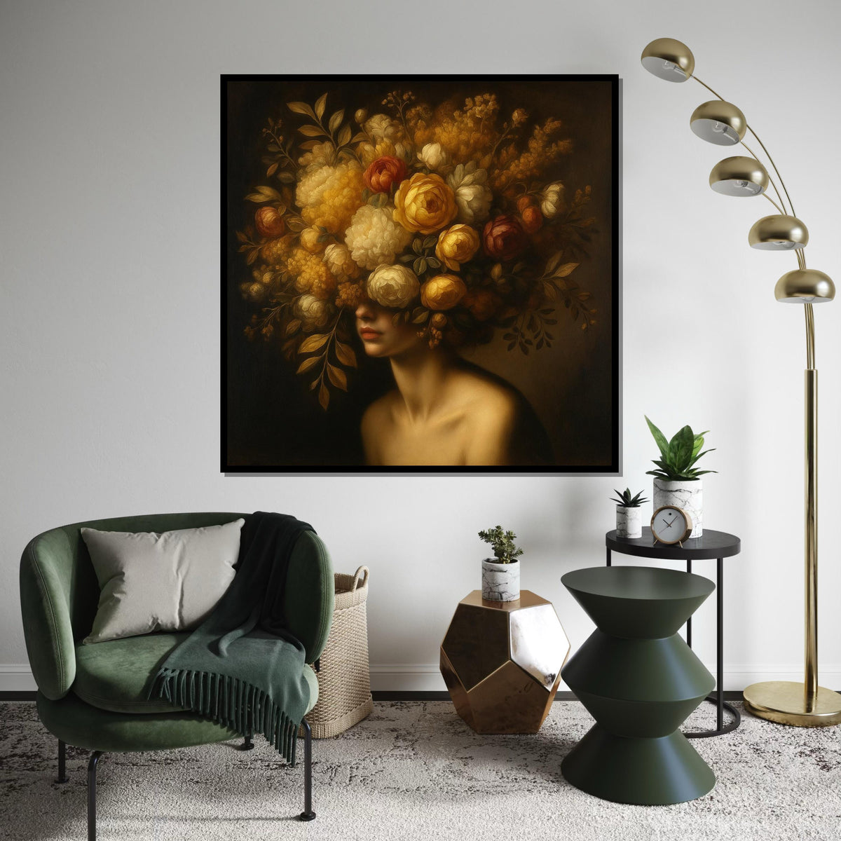 Floral Elegance, Woman with Flower Crown Canvas, Artistic Wall Art, Floral Headdress Print, Wall Art Canvas Design, Ready to Hang Decor