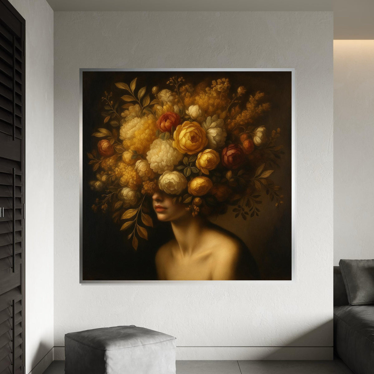 Floral Elegance, Woman with Flower Crown Canvas, Artistic Wall Art, Floral Headdress Print, Wall Art Canvas Design, Ready to Hang Decor