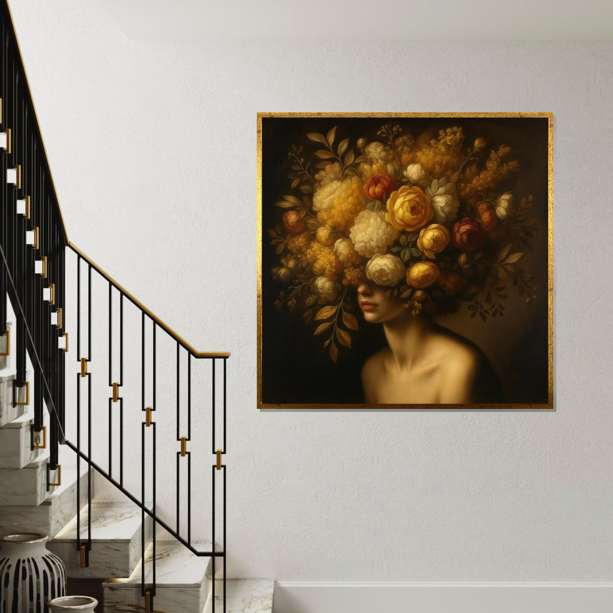 Floral Elegance, Woman with Flower Crown Canvas, Artistic Wall Art, Floral Headdress Print, Wall Art Canvas Design, Ready to Hang Decor