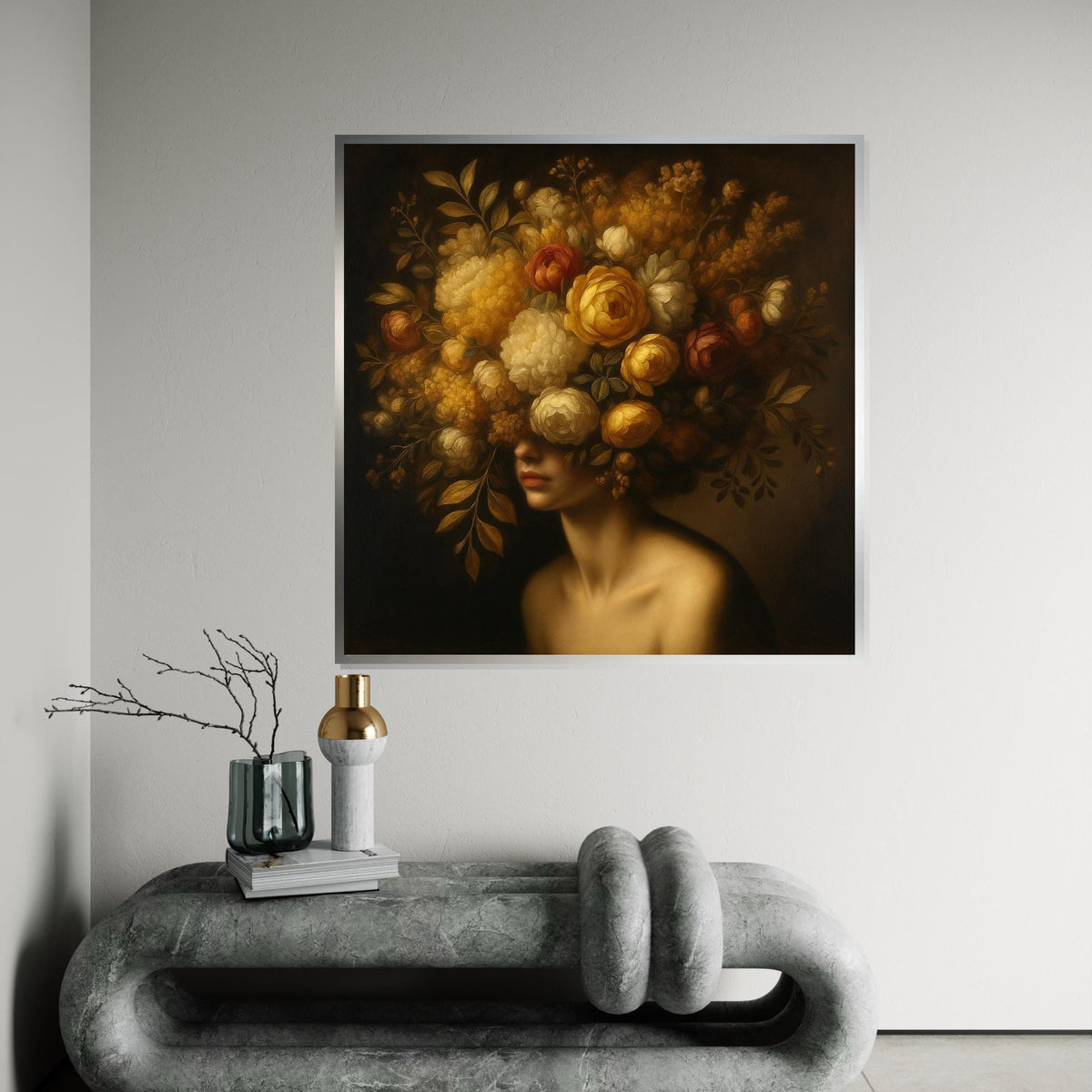 Floral Elegance, Woman with Flower Crown Canvas, Artistic Wall Art, Floral Headdress Print, Wall Art Canvas Design, Ready to Hang Decor