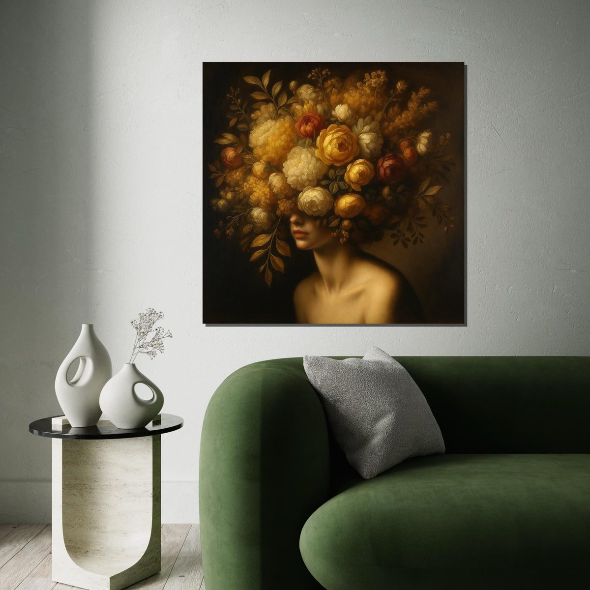 Floral Elegance, Woman with Flower Crown Canvas, Artistic Wall Art, Floral Headdress Print, Wall Art Canvas Design, Ready to Hang Decor