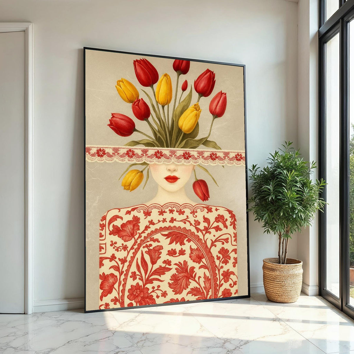 Blooming Lady Canvas Art, Floral Face Art, Tulip Flower Print, Abstract Wall Art Canvas, Ready To Hang Home Decor
