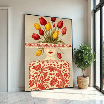 Blooming Lady Canvas Art, Floral Face Art, Tulip Flower Print, Abstract Wall Art Canvas, Ready To Hang Home Decor