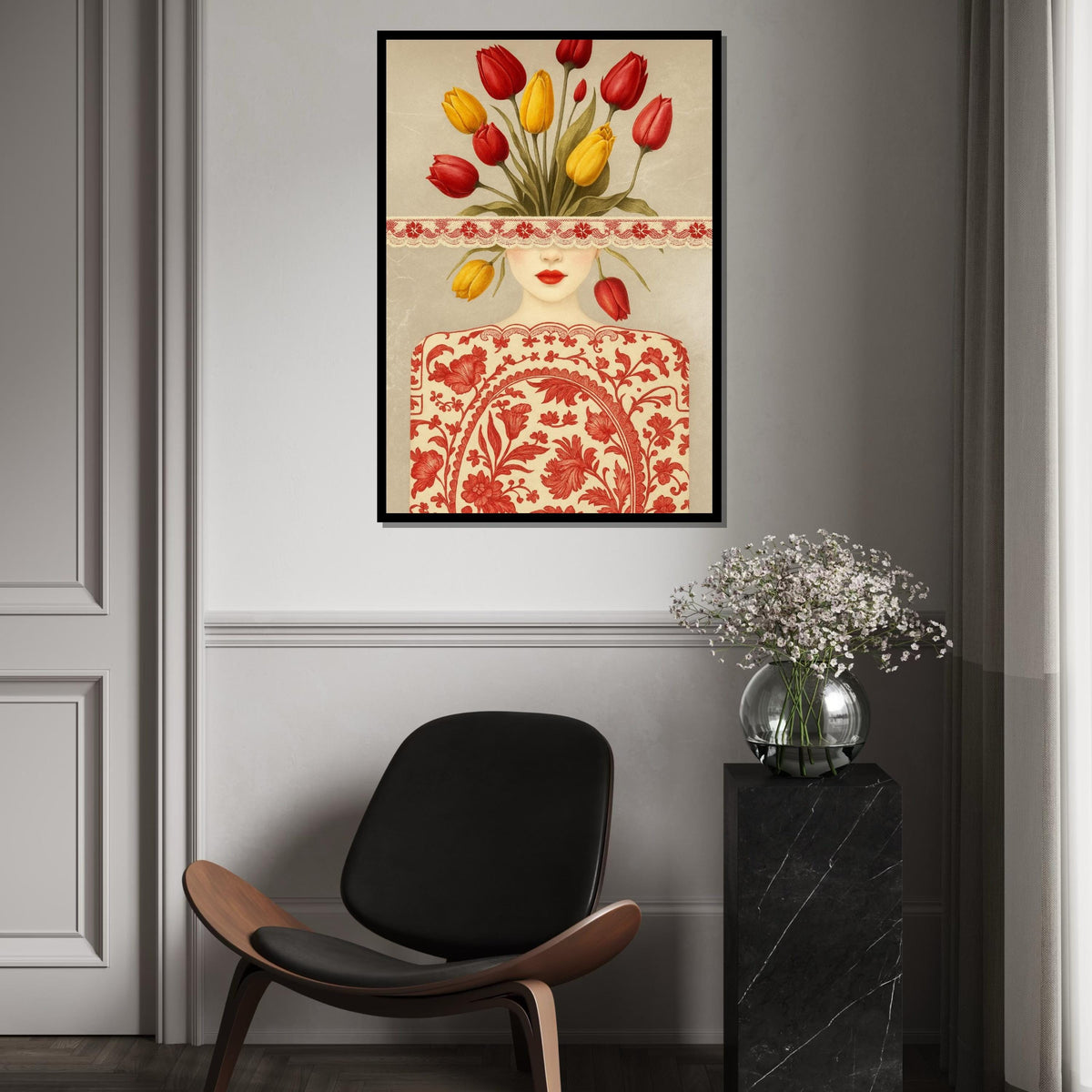 Blooming Lady Canvas Art, Floral Face Art, Tulip Flower Print, Abstract Wall Art Canvas, Ready To Hang Home Decor