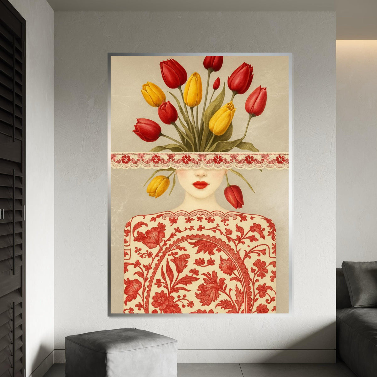 Blooming Lady Canvas Art, Floral Face Art, Tulip Flower Print, Abstract Wall Art Canvas, Ready To Hang Home Decor