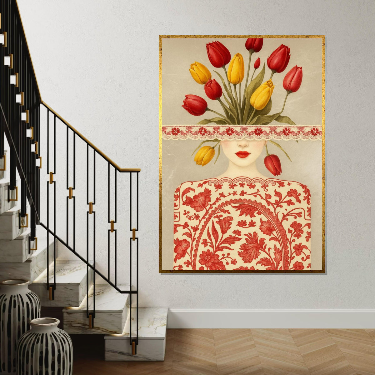 Blooming Lady Canvas Art, Floral Face Art, Tulip Flower Print, Abstract Wall Art Canvas, Ready To Hang Home Decor