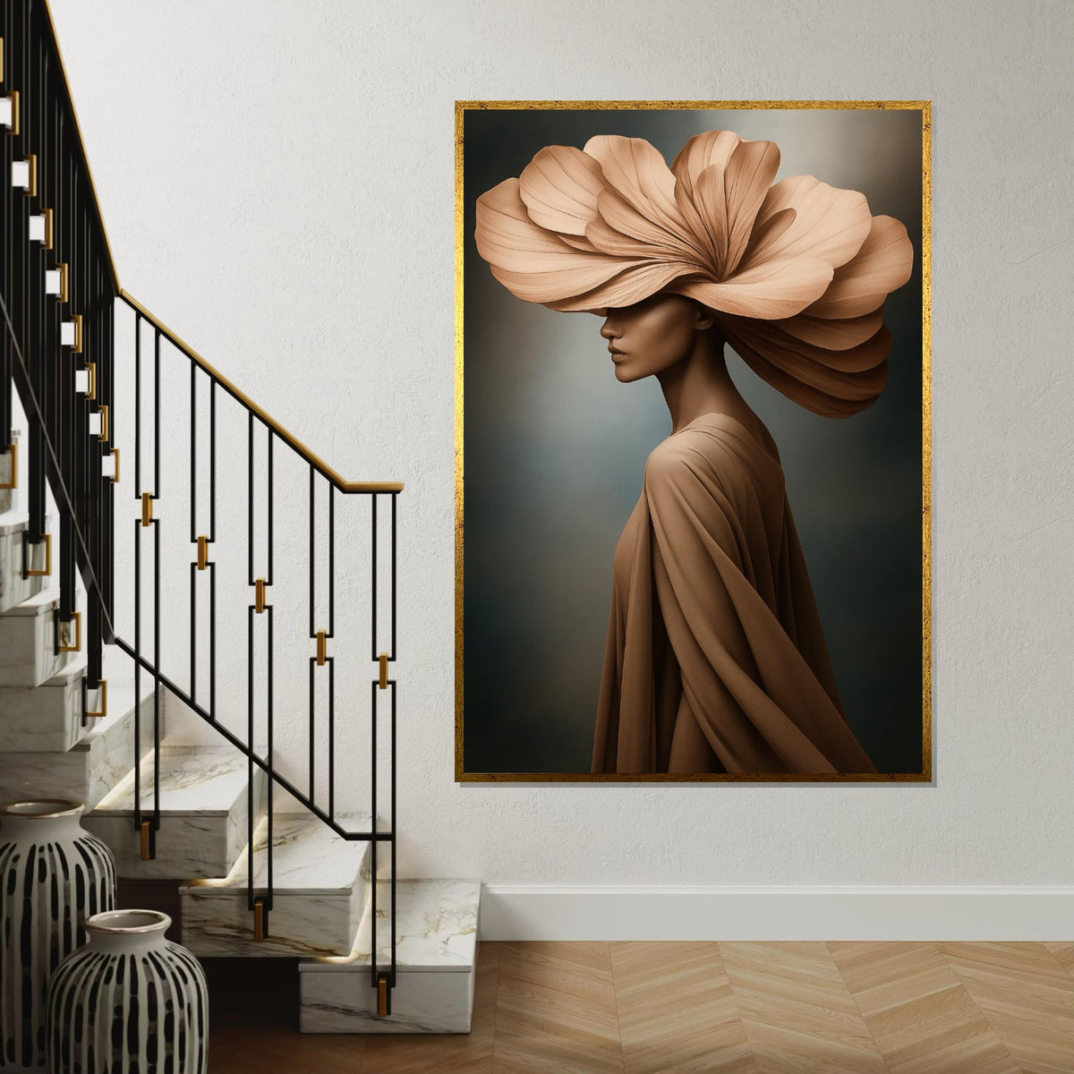 Petal Hat Elegance, Floral Fashion Canvas, Woman in Art, Wall Art Canvas Design, Ready to Hang Decoration, Modern Canvas Portrait