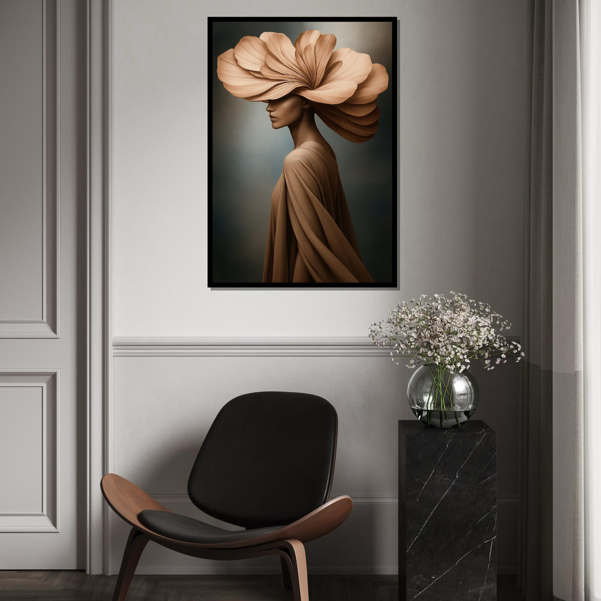 Petal Hat Elegance, Floral Fashion Canvas, Woman in Art, Wall Art Canvas Design, Ready to Hang Decoration, Modern Canvas Portrait