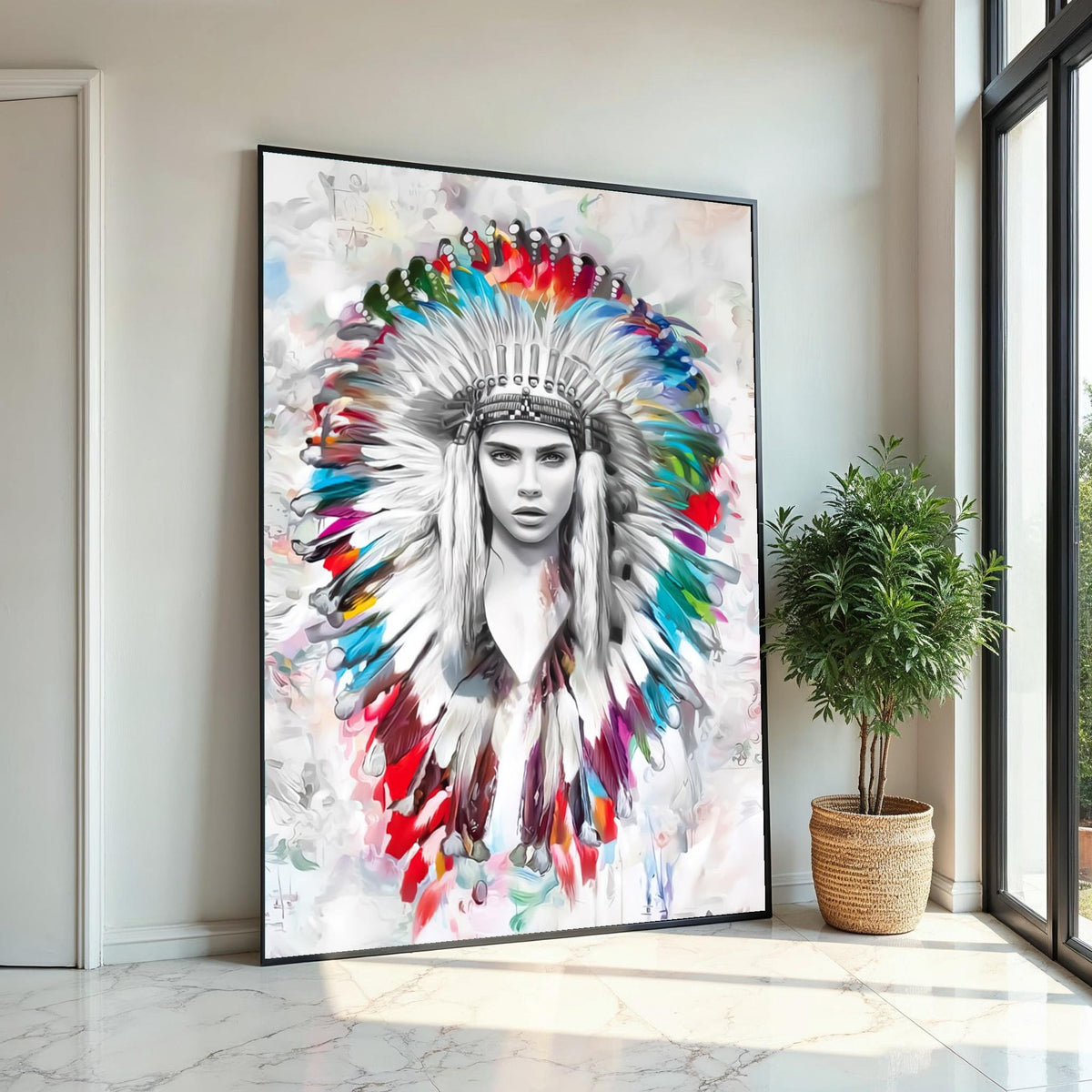 Colorful Headdress Canvas, Native American Portrait Art, Multicolor Feather Wall Art, Wall Art Canvas Design, Ready To Hang Decoration