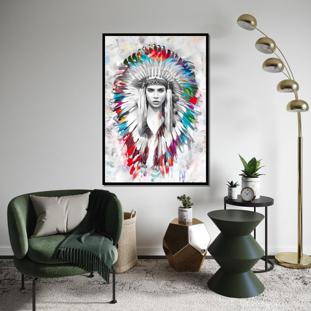 Colorful Headdress Canvas, Native American Portrait Art, Multicolor Feather Wall Art, Wall Art Canvas Design, Ready To Hang Decoration