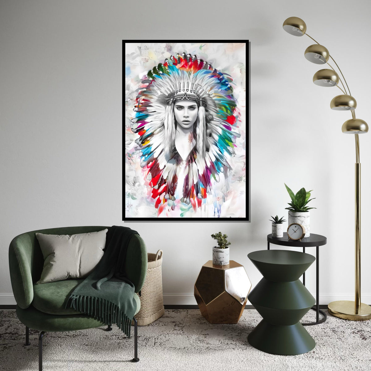 Colorful Headdress Canvas, Native American Portrait Art, Multicolor Feather Wall Art, Wall Art Canvas Design, Ready To Hang Decoration