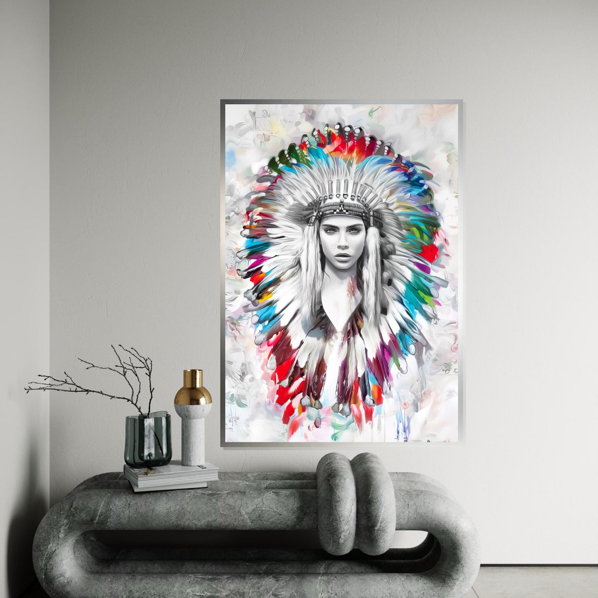 Colorful Headdress Canvas, Native American Portrait Art, Multicolor Feather Wall Art, Wall Art Canvas Design, Ready To Hang Decoration