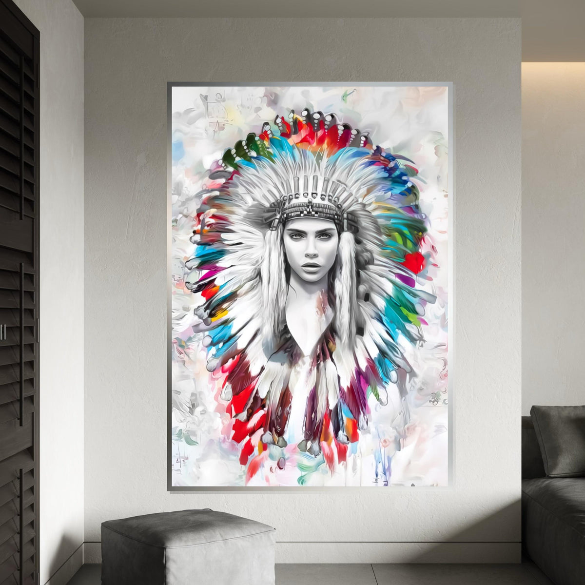 Colorful Headdress Canvas, Native American Portrait Art, Multicolor Feather Wall Art, Wall Art Canvas Design, Ready To Hang Decoration