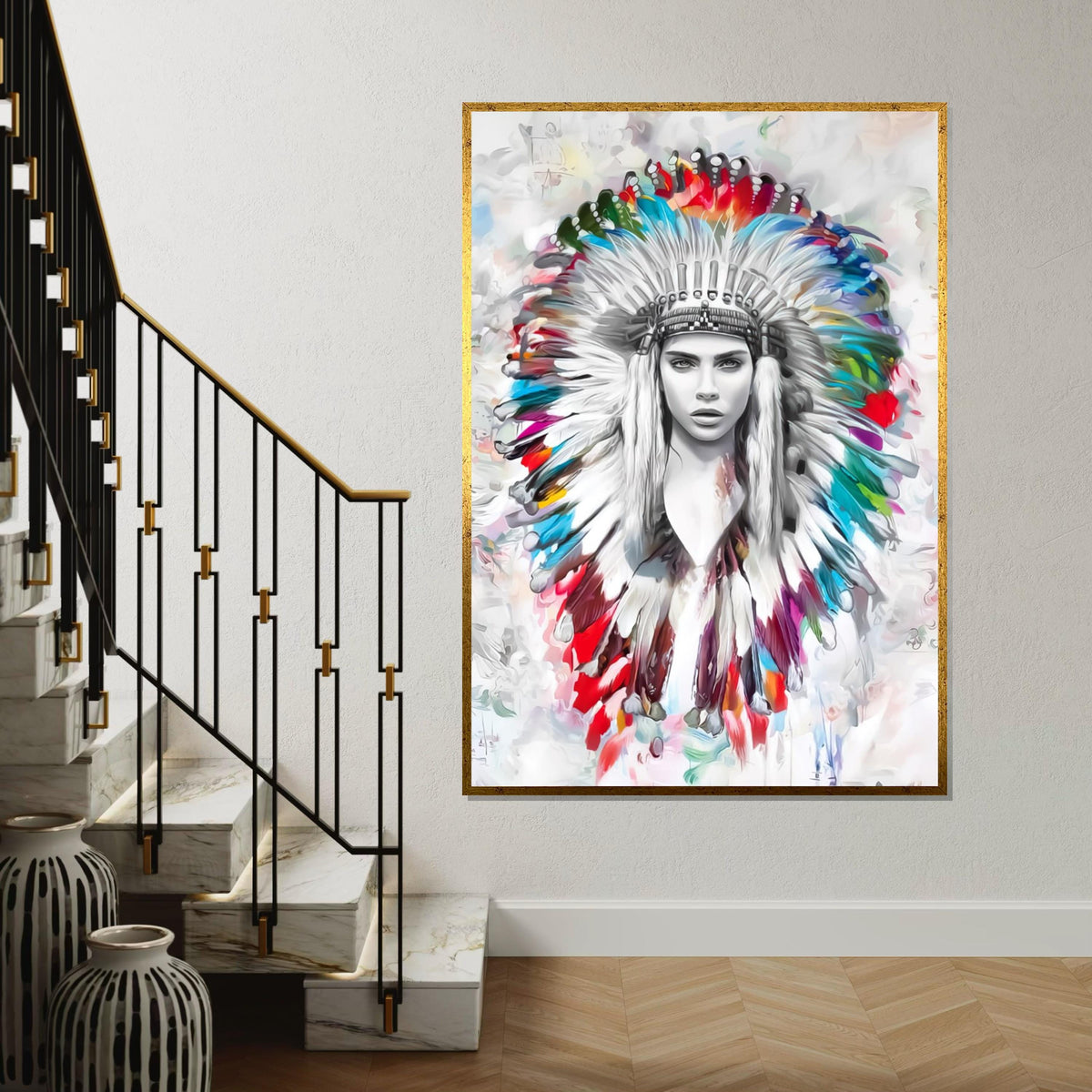 Colorful Headdress Canvas, Native American Portrait Art, Multicolor Feather Wall Art, Wall Art Canvas Design, Ready To Hang Decoration